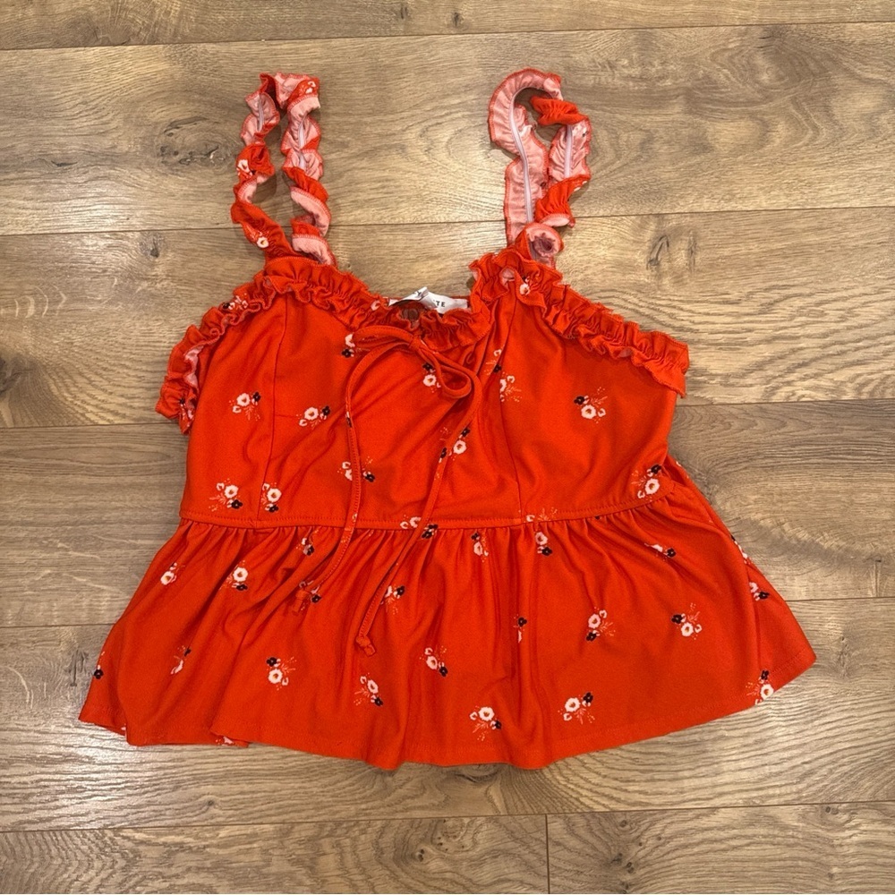 Lily White Red Floral Tank Top Ruffle Peplum Crop Stretch - Size 1X Boho